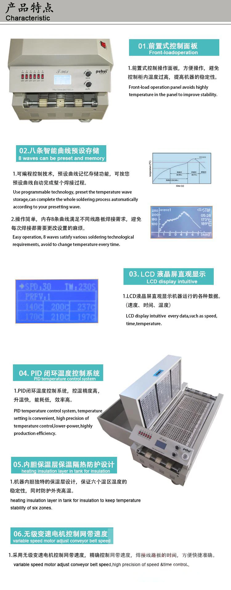 Светодиодный Светодиодный печь Reflow инфракрасный обогрев 230*730 мм паяльная печь 220 В 6 температура зоны T-961