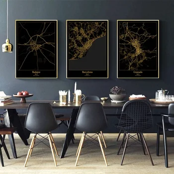 

Spain Leon Madrid Granada Barcelona City Map Black and Gold Map Canvas Art Print Wall Pictures for Living Room No Frame