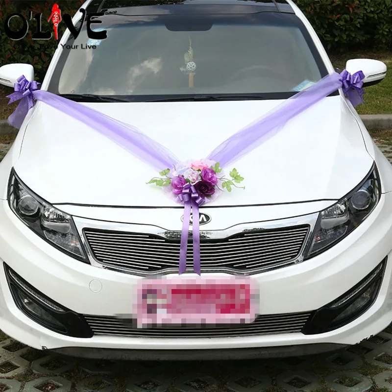Artificial Flowers Wedding Car Decoration Sets Pink Purple Silk Flowers Wedding Decorative Tulle