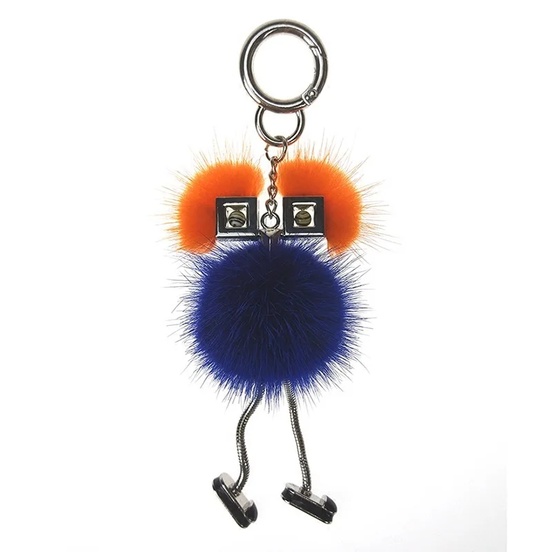 

Real Mink Fur Pom Chick Robot Key Wallet Key Monster Bag Charm Cute silver Robot Luxury Pendant Genuine Pompom Rabbit Fur