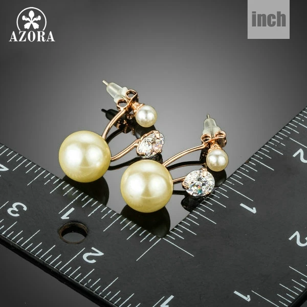 AZORA Rose Gold Color Clear AAA CZ V Design Earrings Drop with Pearl for Women TE0206
