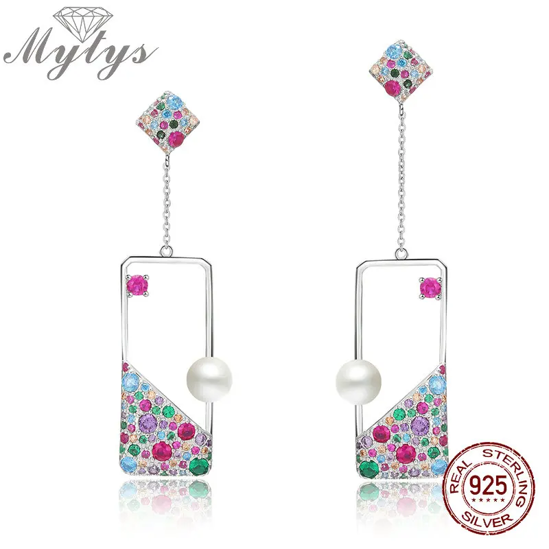 Серьги Mytys из серебра 925 пробы с пресноводной жемчужиной Украшенные квадратной