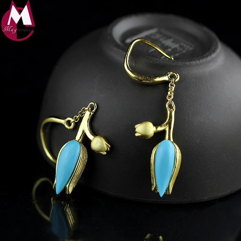 Top Quality Turquoise Gold Color Drop Earrings Gemstone Jewelry 925 Sterling Silver Earrings For Women Fine Tulip Flower SE95 Top Quality Turquoise Gold Color Drop Earrings Gemstone Jewelry 925 Sterling Silver Earrings For Women Fine Tulip Flower SE95