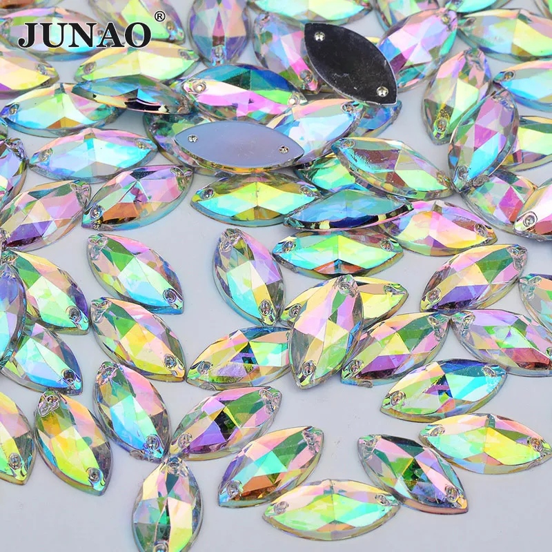 

JUNAO 6*12mm 9*18mm Sew On Crystal AB Horse Eye Rhinestones Flatback Acrylic Stones Sewing Crystal Strass For Needlework Crafts