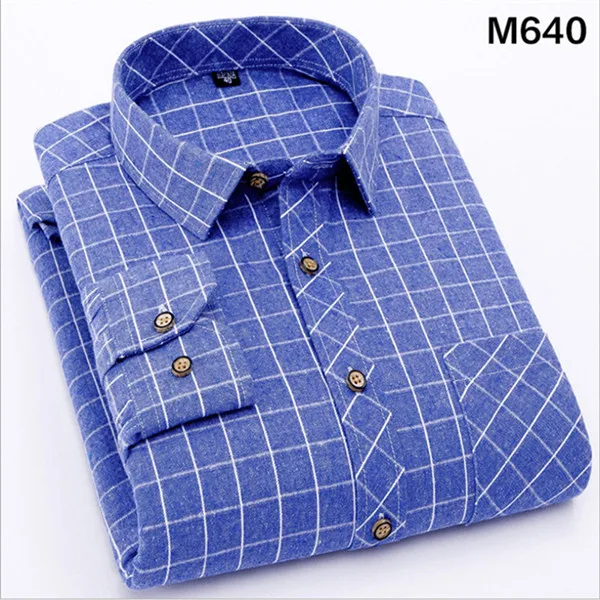 Весенне-осенняя фланелевая Мужская рубашка в клетку с длинным рукавом, мужские теплые повседневные рубашки из матового хлопка, Мужская Облегающая рубашка в клетку - Цвет: M640