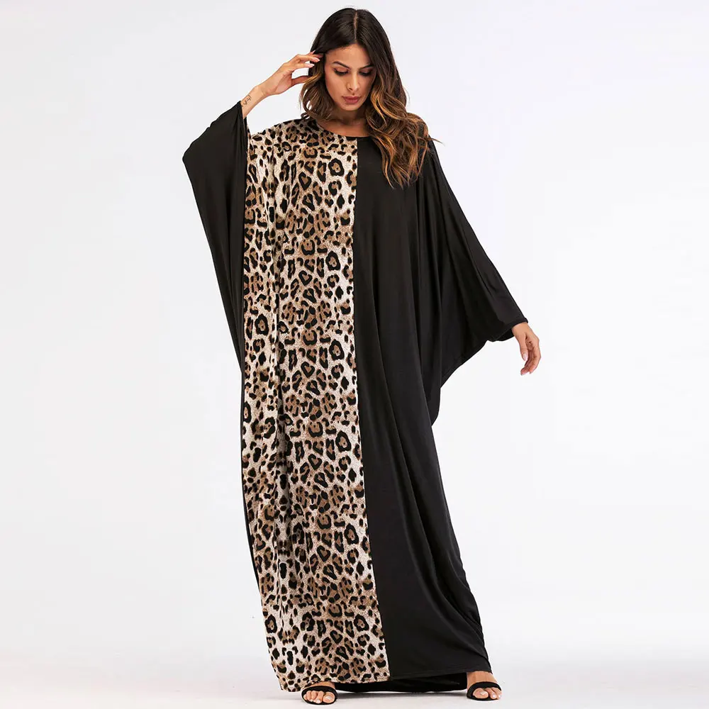 Casual Print Leopard Maxi Dress Bat Sleeve Patchwork Abaya Muslim Loose Kimono Long Arab Robe Gown Middle East Islamic Clothing |