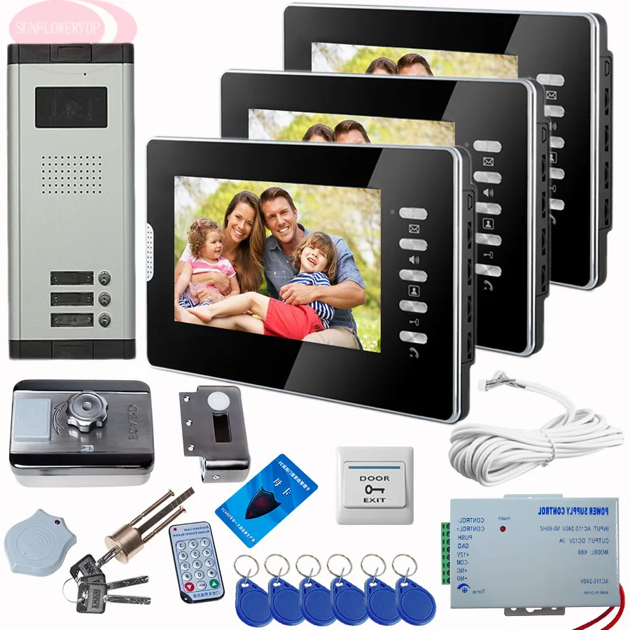 

SUNFLOWERVDP Videophone 3 Appartement Intercom Rfid Unlock Electronic Lock 7'' Color Video Intercom System Night Vision Goggles