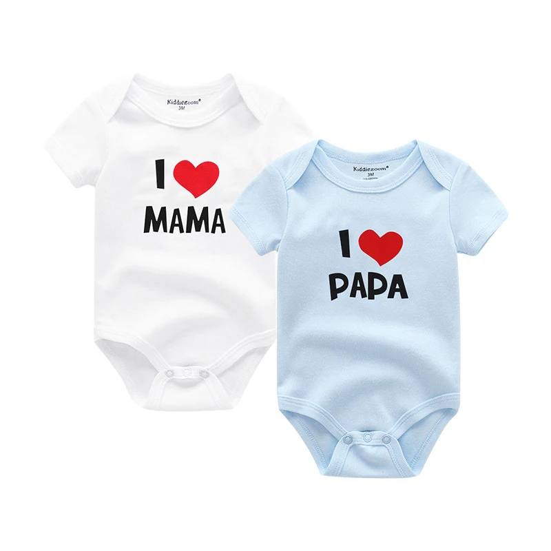 Детские боди с надписью «I Love Papa Mama», одежда из хлопка для маленьких девочек, одежда с короткими рукавами и принтом для маленьких мальчиков, Roupas de bebe - Цвет: White Mama Blue Papa