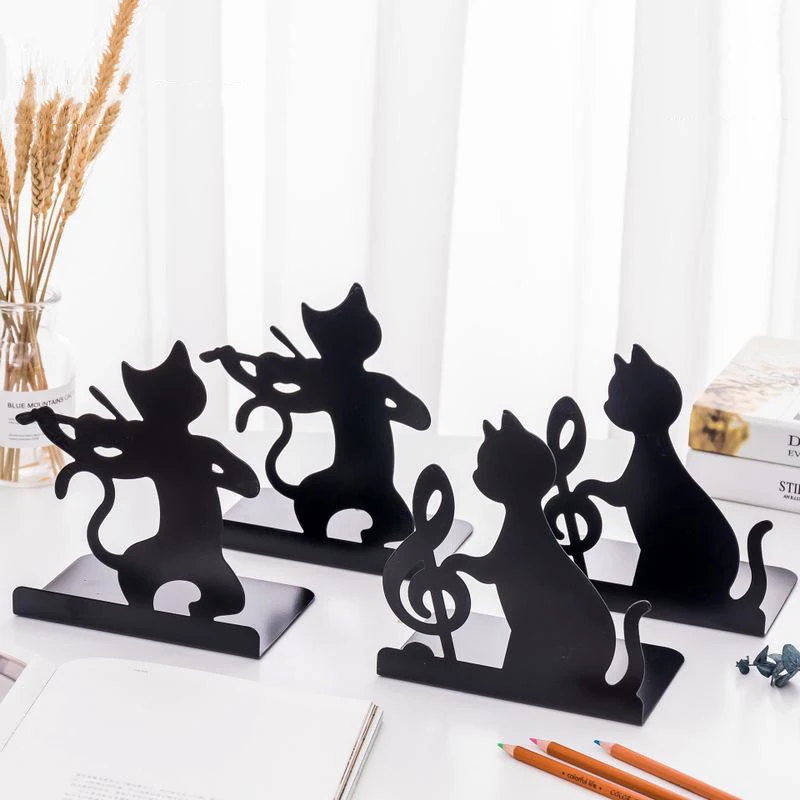 

2pc Creative Music Cat Design Metal Bookends Non-skid Desk Holder Stand for Books Home Office Storage Organizer Desk Accessories