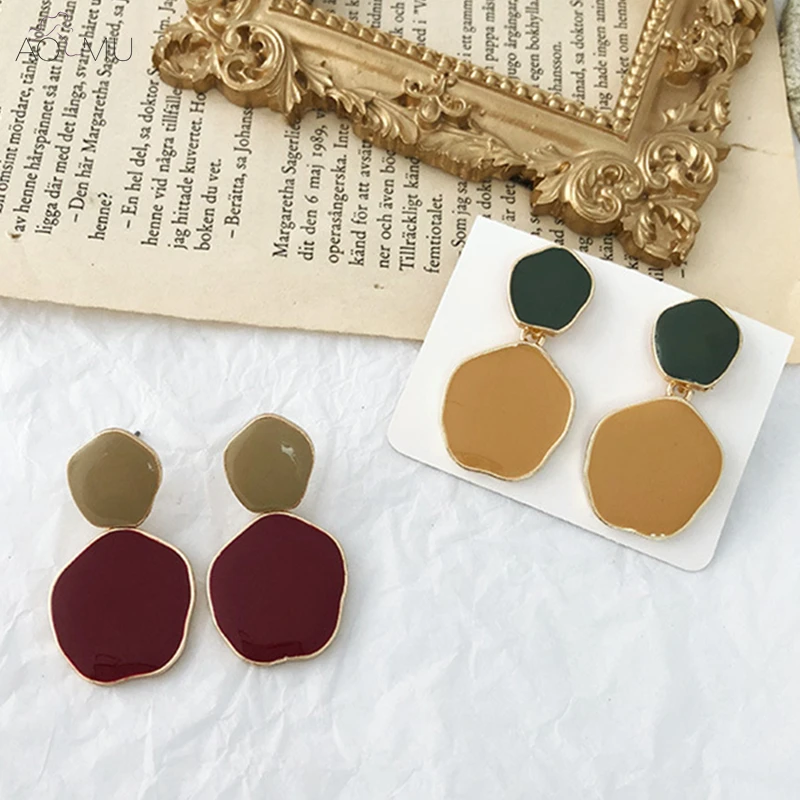 

AOMU 2019 New Korea Vintage Hit Color Earrings Geometric Irregular Dangle Drop Earrings for Women Girl Party Brincos Gift