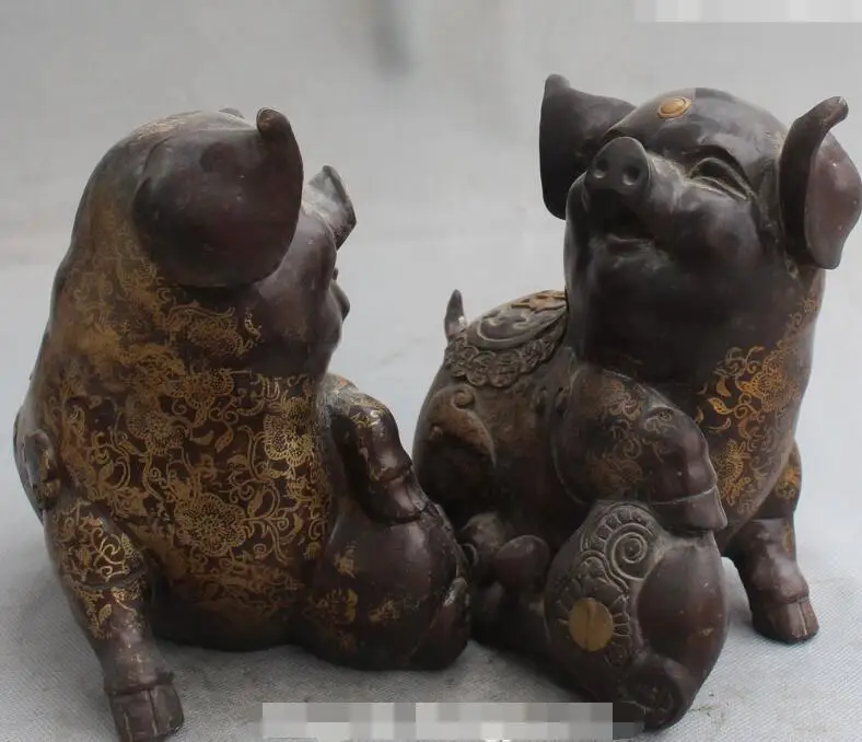 

S0828 8" Chinese Bronze Gilt Carving Money Wealth Ru Yi Foo Fu Pig Animal Pair Statue