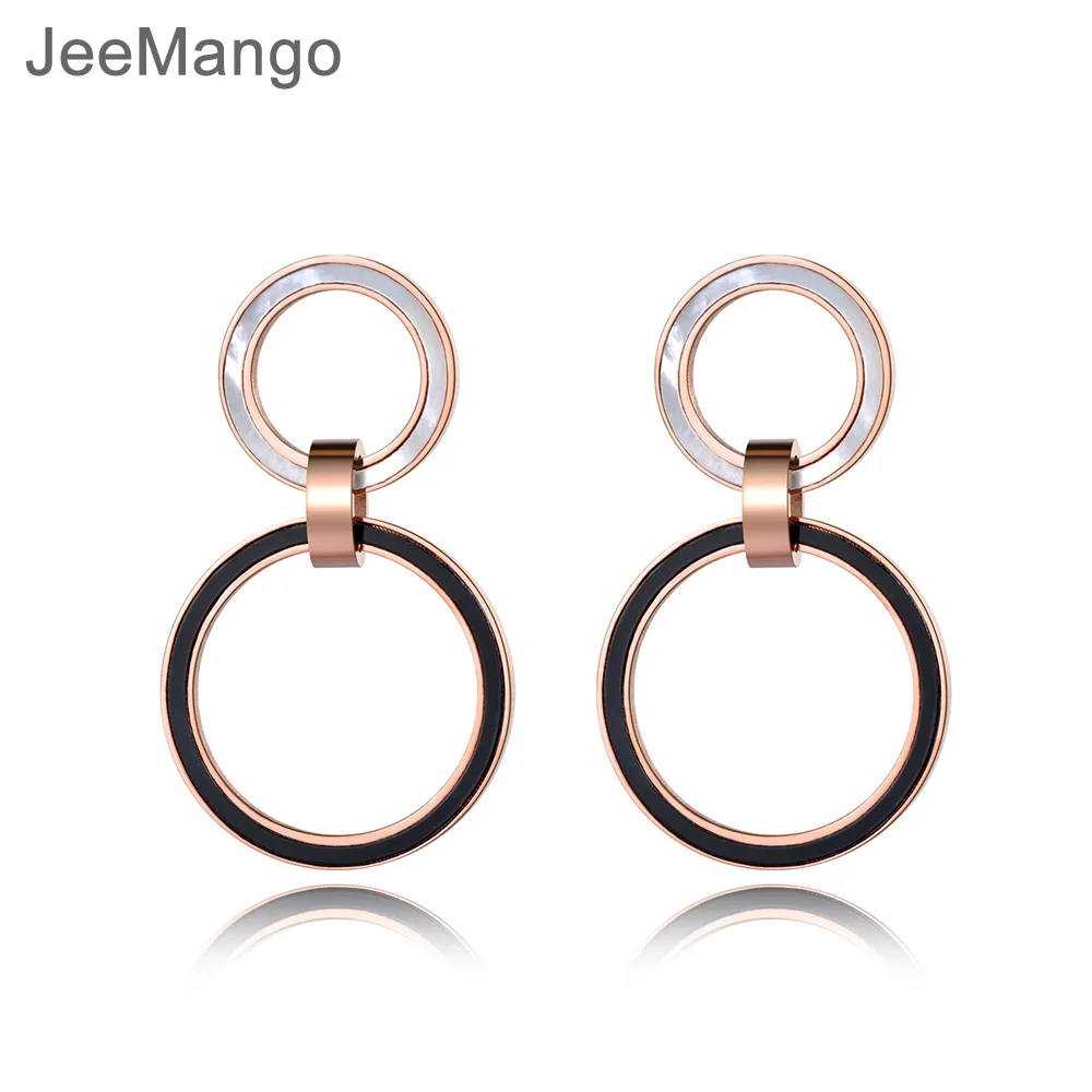 

JeeMango White Shell & Black Acrylic Double Circle Stainless Steel Stud Earrings Rose Gold Handmade Ear Jewelry For Women E19011