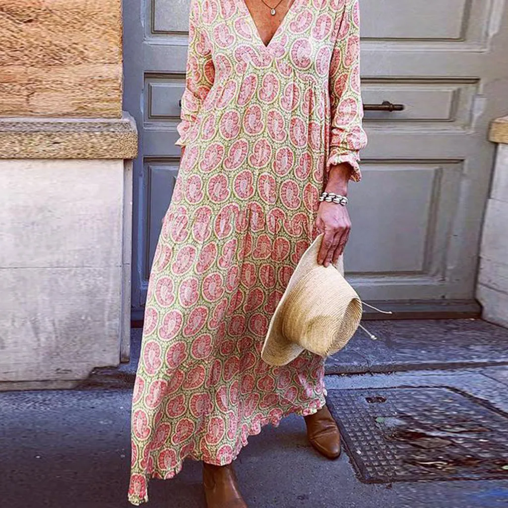 

Autumn Dress Women Maxi Long V Neck Print Loose Casual Dress Women 2019 Long Sleeve Party Dress robe femme vestido largo fiesta