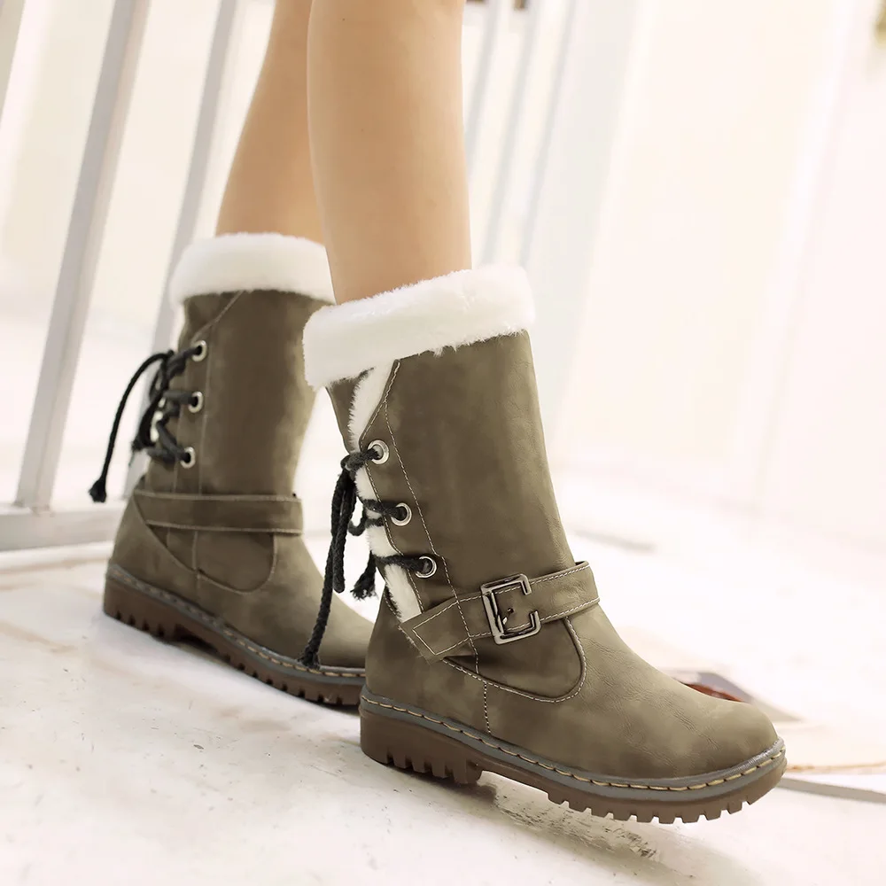 Winter Women Snow Boots Warm Plush Shoes Cross tied Mid Calf Flat ...