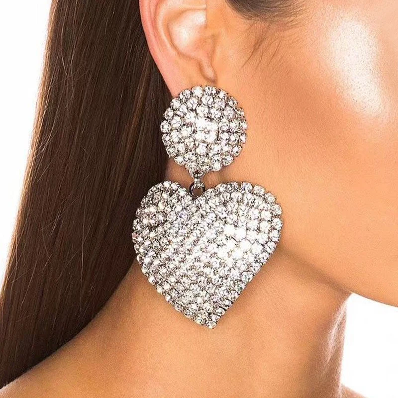 

Fashion Rhinestone Crystal Statement Earrings Gold silver color Big Heart Pendant Dangle Drop Earrings For Women Jewelry gift