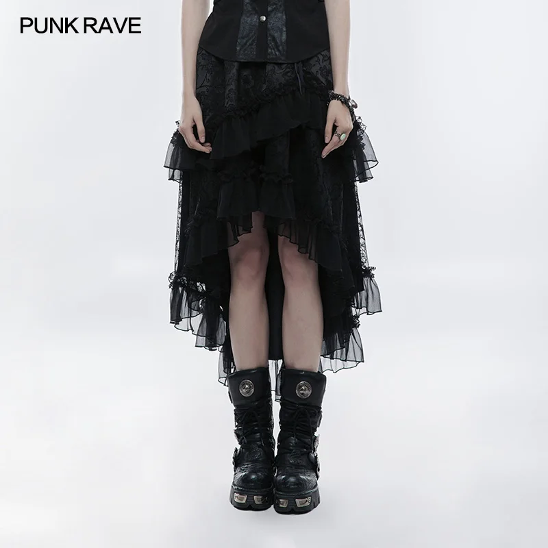 PUNK RAVE Vrouwen Mode Black Sexy Rok Gothic Lolita Double-layer Hoge Taille Rok Vetersluiting Bloemen Swallowtail Steampunk Rokken PUNK RAVE Vrouwen Mode Black Sexy Rok Gothic Lolita Double-layer Hoge Taille Rok Vetersluiting Bloemen Swallowtail Steampunk Rokken