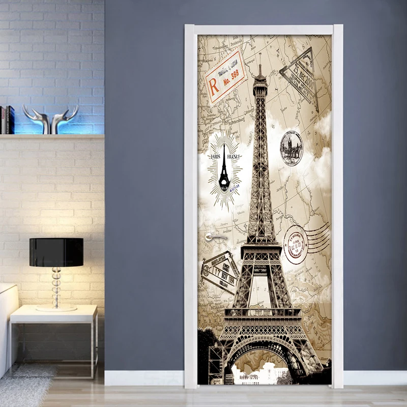 

3D Door Sticker Bedroom Door Decoration Paris Tower Photo Poster Wallpaper PVC Waterproof Self Adhesive Door Stickers Wall Mural