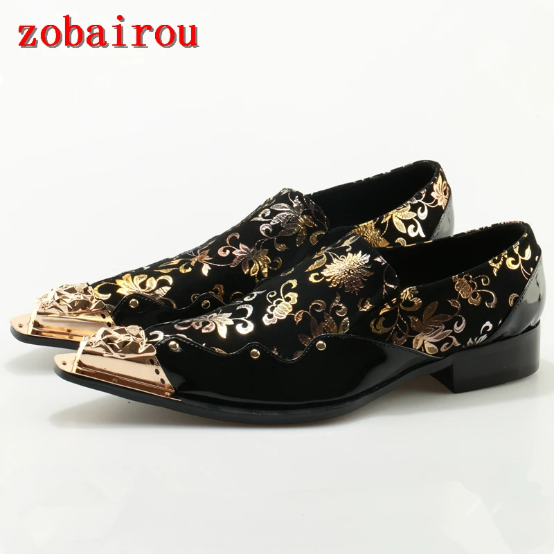 Zapatos Glitter Mocasines Oro Floral Vestido Metallic Boda Impresión Hombres Italiano Hombre Negro Toe A Cuero EwqUYwRxg