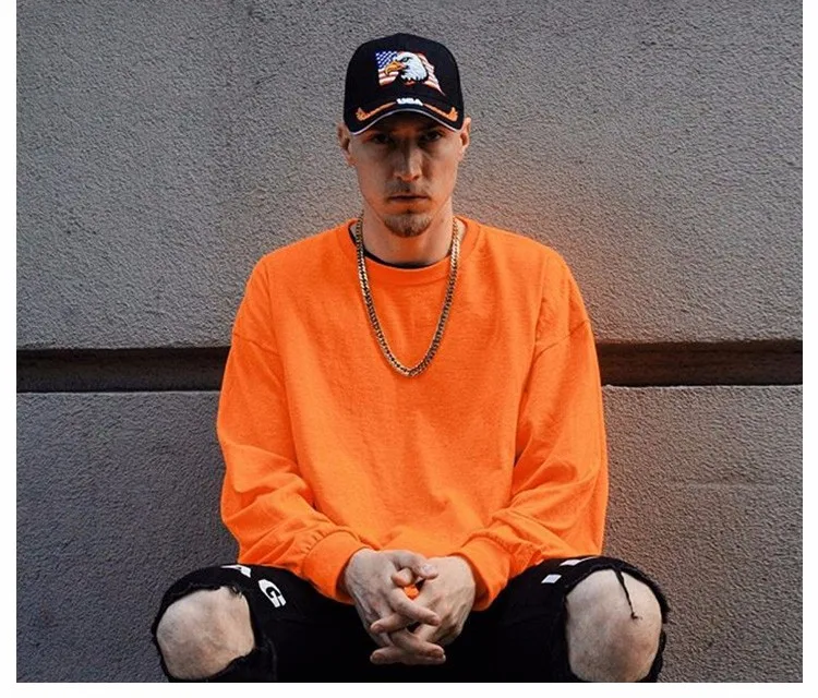 Харадзюку оверсайз High Street оранжевая футболка с длинным рукавом Ins Kanye длинная футболка хип-хоп Топ Футболка унисекс модная футболка мужская Kpop
