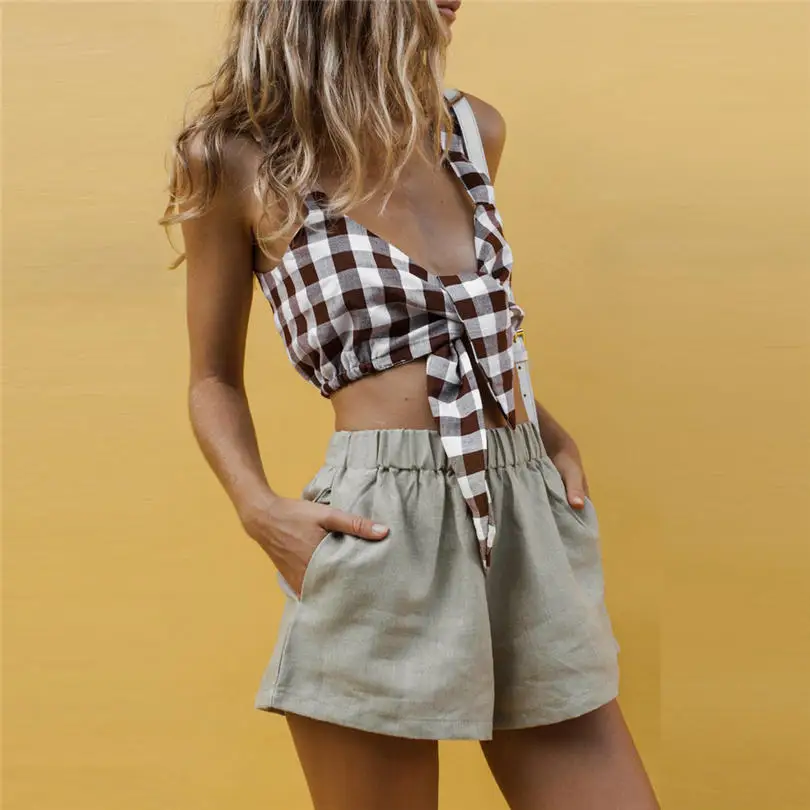 New Women Short Summer Hot Sale Beach Fashion Casual High Waist Loose Casual Cotton Linen Pockets Shorts Pants #4A19 (5)