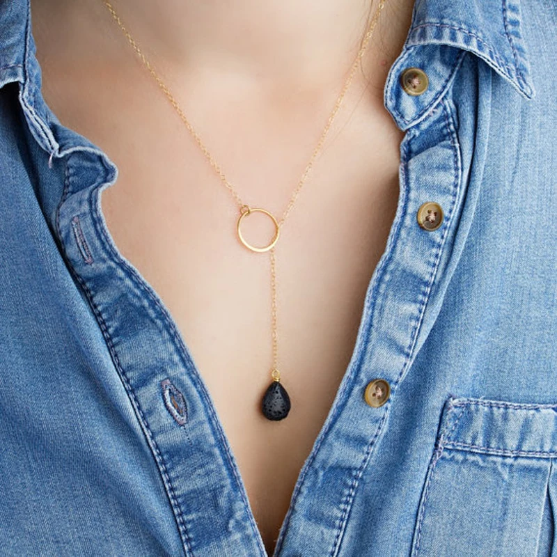 

12pcs Black Natural Lava Stone Pendant Jewelry Gold Chokers Layered Necklace Aromatherapy Essential Oil Diffuser Necklace NS001
