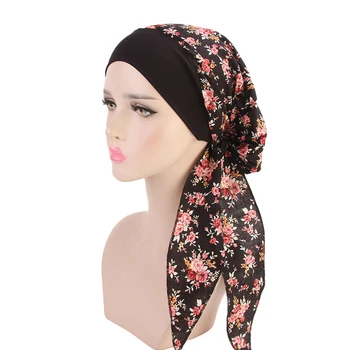 

Women Floral Print Muslim Scarf Cap Long Tail Cotton Turban Hijabs Hat Adjustable Elastic Cloth Hair Bands Hair Accessories Wrap