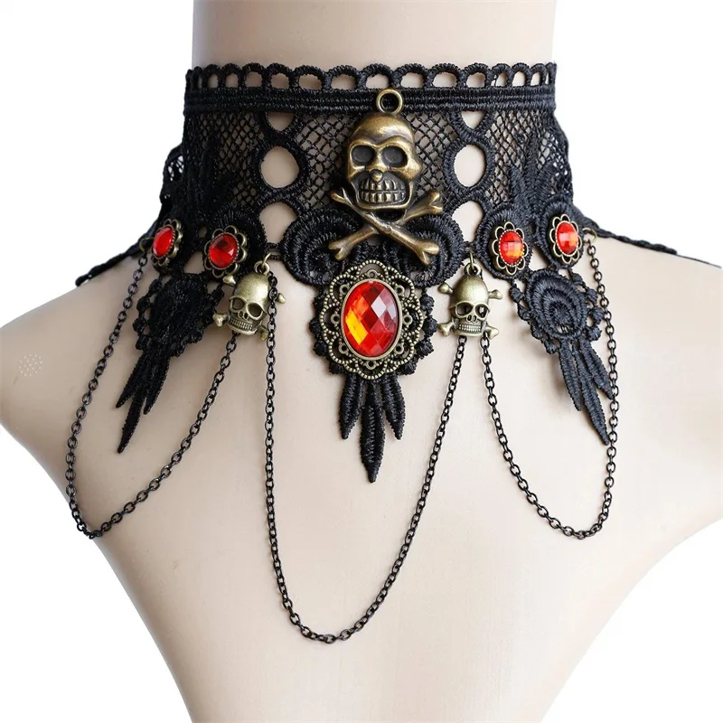 YiYaoFa преувеличенный ювелирный набор с черепом готический черный кружевной скелет ожерелье и серьги женские аксессуары вечерние ювелирные изделия FYS-03