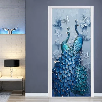 

European Style Door Sticker 3D Relief Blue Peacock Wallpaper Modern Oil Painting Wall Decals Living Room PVC Home Door Stickers