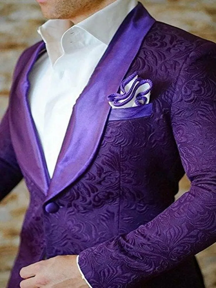 Purple Velvet Prom Dinner Tuxedos Men Shawl Lapel Formal Wedding Groom Men Suits 