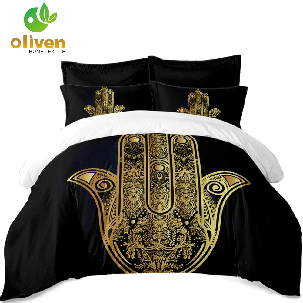 Golden Hamsa Hand Bedding Set Bohemia Palm Print Duvet Cover Set