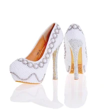 2017 Designer Pearl Shoes in White and Ivory Wedding Party High Heel Shoes with Silver Rhinestone Luxurious Prom Pumps Plus Size
