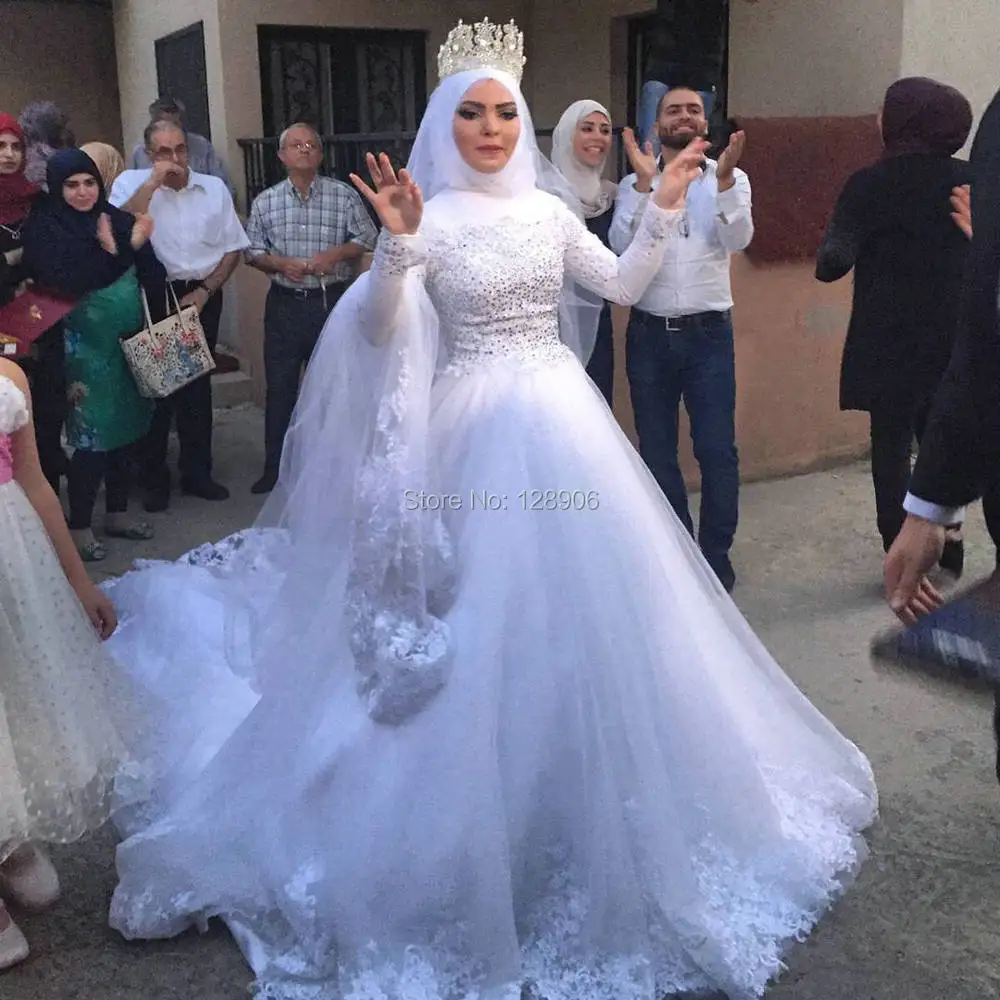 2017 Robes De Mariage Musulman Avec Hijab Modeste Col Haut
