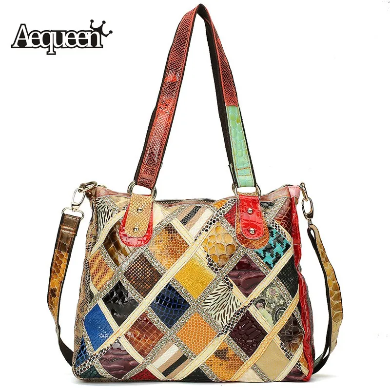 

AEQUEEN Genuine Leather Handbags Women Patchwork Diamond Lattice Tote Crossbody Bag Ladies Shoulder Bags Random Color