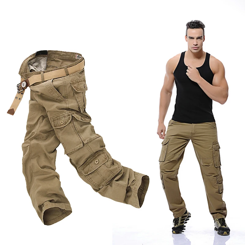 2017New Mens Calças Cargo do exército verde preto grandes bolsos decoração Ocasional fácil lavagem calças masculinas primavera & outono calças tamanho 28-46