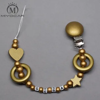 

MIYOCAR any name can made unique gold heart and gold wooded beads pacifier holder dummy clip pacifier clip teether clip for baby