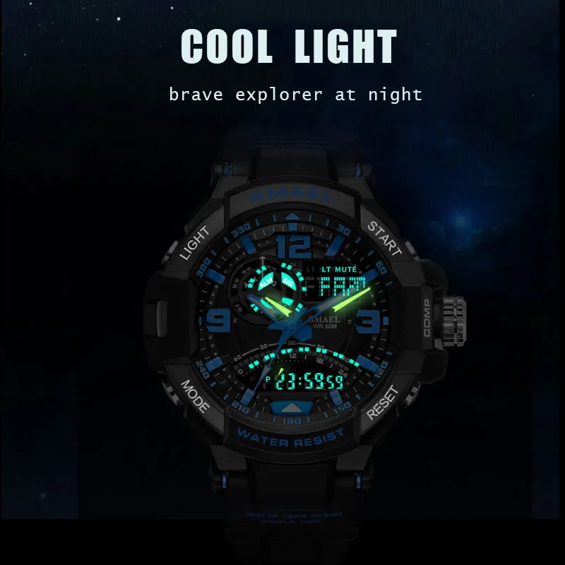SMAEL спортивные часы 1516 бренд 50 м водонепроницаемые наручные часы с двойным временем светодиодный цифровые часы S Shock мужские наручные часы Reloj Hombre Relogio