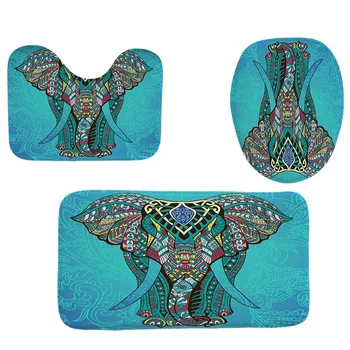 

4Pcs Home Bathroom Decor Set Bathroom Blue Elephant Pattern Toilet Seat Cover Bath Mat Set+Waterproof Shower Curtain