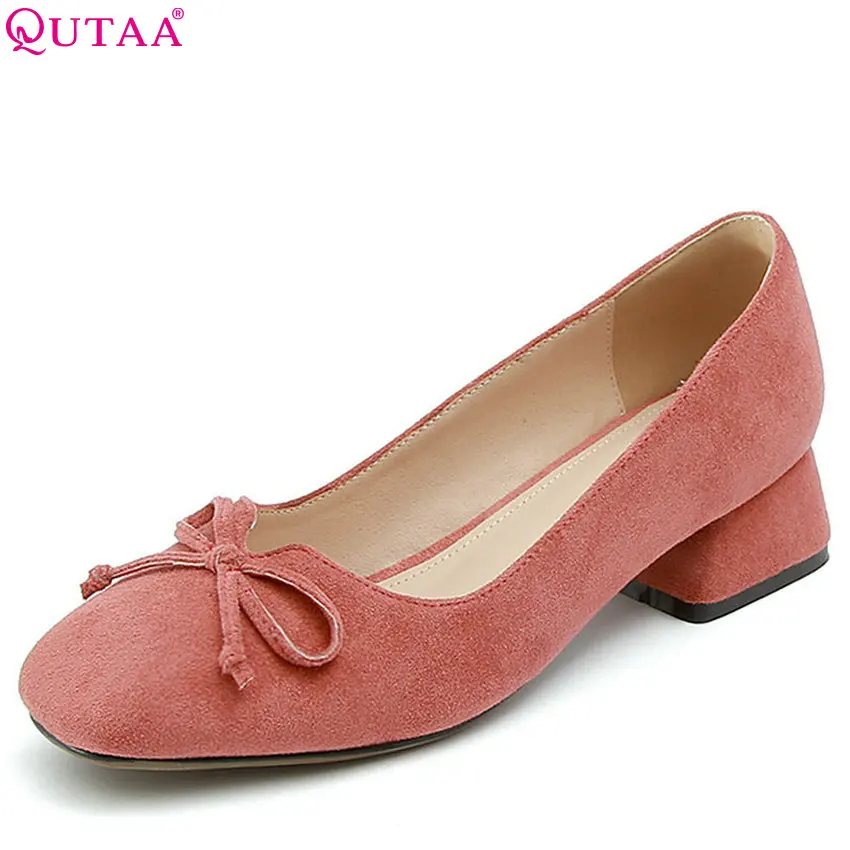 

QUTAA 2018 High Quality Fashion Women Shoes Square Toe All Match Flock Butterfly-knot Slip on Square Heel Women Pumps Size 34-43