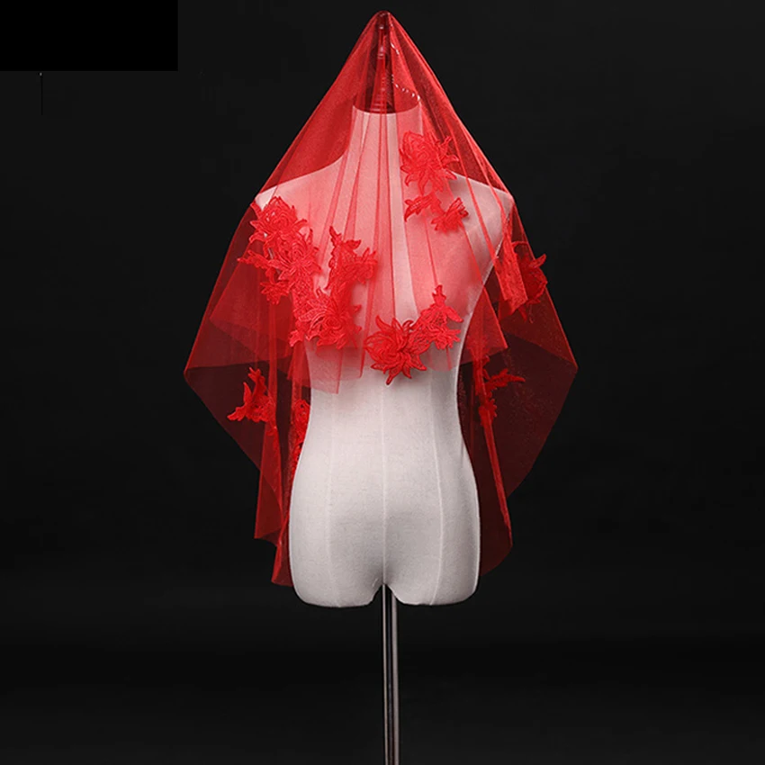 1 Tier Bridal Veil Beautiful Red Ivory Cathedral Short Wedding Veils