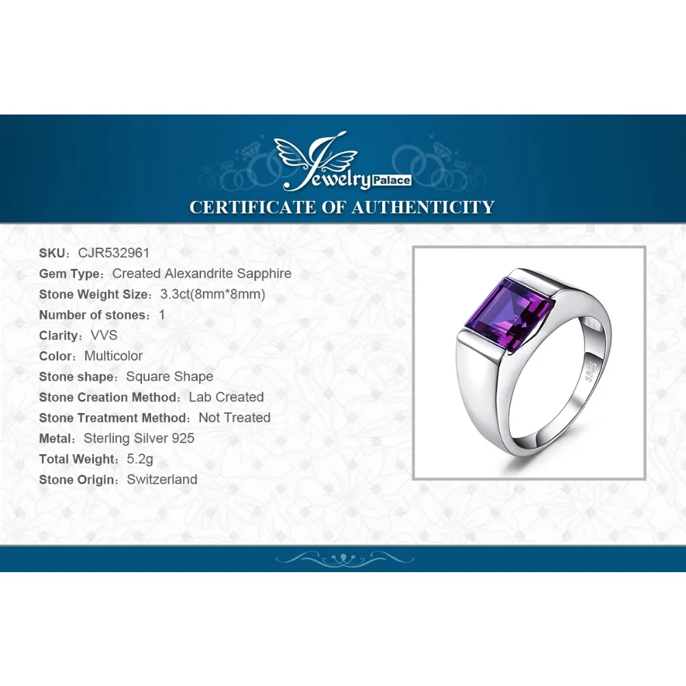 Jewelrypalace Для мужчин площади 3.3ct создан Александрит сапфир 925 Щепка кольцо для Для мужчин тонкой jerwelry модные Стиль