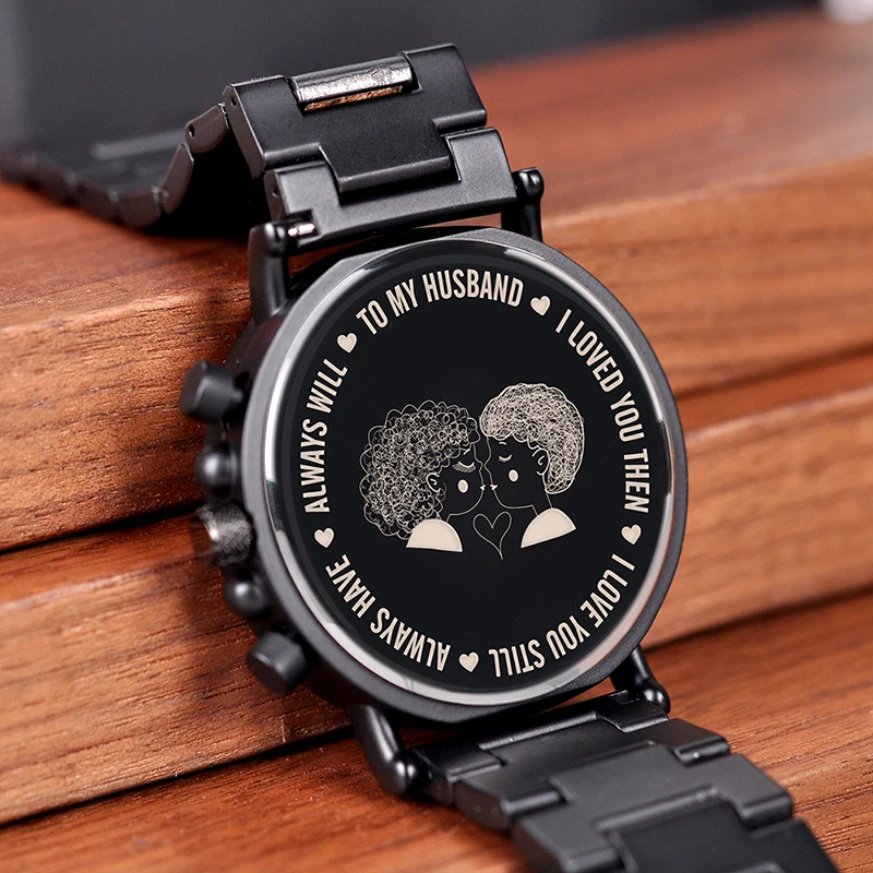 Персонализированные часы для мужчин с гравировкой наручные часы дерево и нержавеющая сталь Группа юбилей подарок на день рождения erkek kol saati