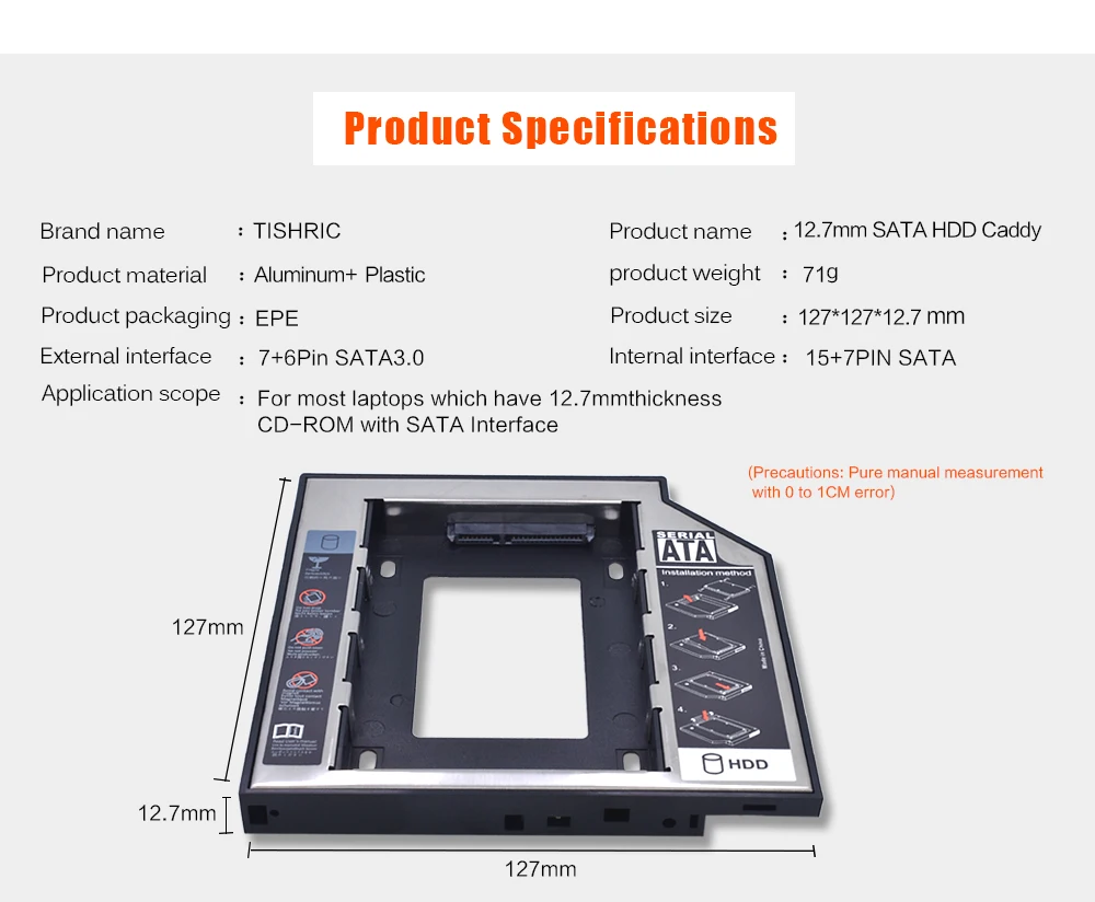 TISHRIC Универсальный алюминиевый пластиковый 2-ой HDD Caddy 12,7 мм SATA3.0 CD-ROM 7-12,5 мм 2," SSD чехол для жесткого диска для ноутбука