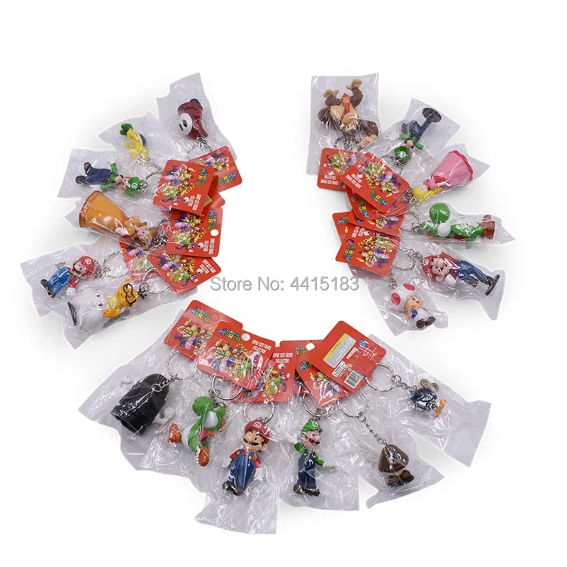 18 pcs/lot Anime Super Mario Bros keychain Peach Donkey Kong Yoshi Luigi Toad PVC Action Figure Doll Collectible Model Toy