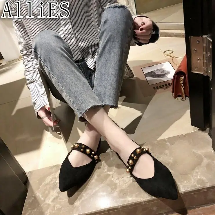 

AlliES 2019 spring new Korean version of shallow mouth pointed pearl word buckle flat with women's shoes A213