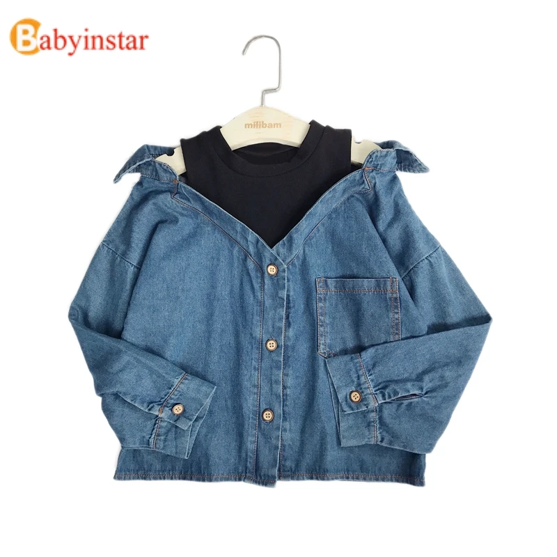 

Babyinstar Girls Denim Blouse Autumn Kids Shirt Long Sleeve Girls Shirts Fake Two Piece Blouse Kids Clothing School Blouse