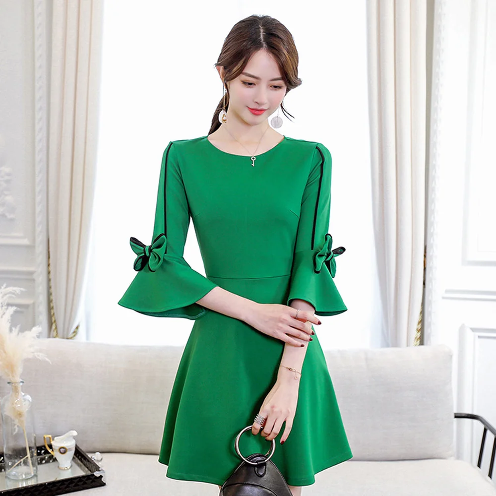 Новая весенняя одежда в Корейском стиле с круглой горловиной 3 четверти рукав, с симпатичным бантом, с расклешенными рукавами платье розовый/зеленый