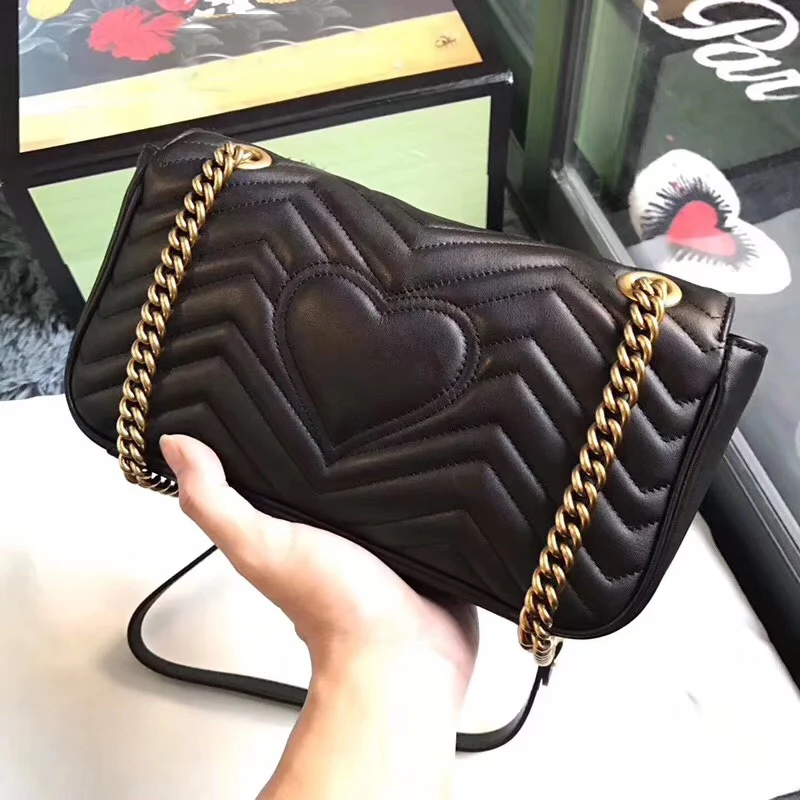 

Women Real leather Fashion Marmont chain shoulder bag Lady Flap Double Gold G hardware chevron Crossbody Bag Messenger Bags