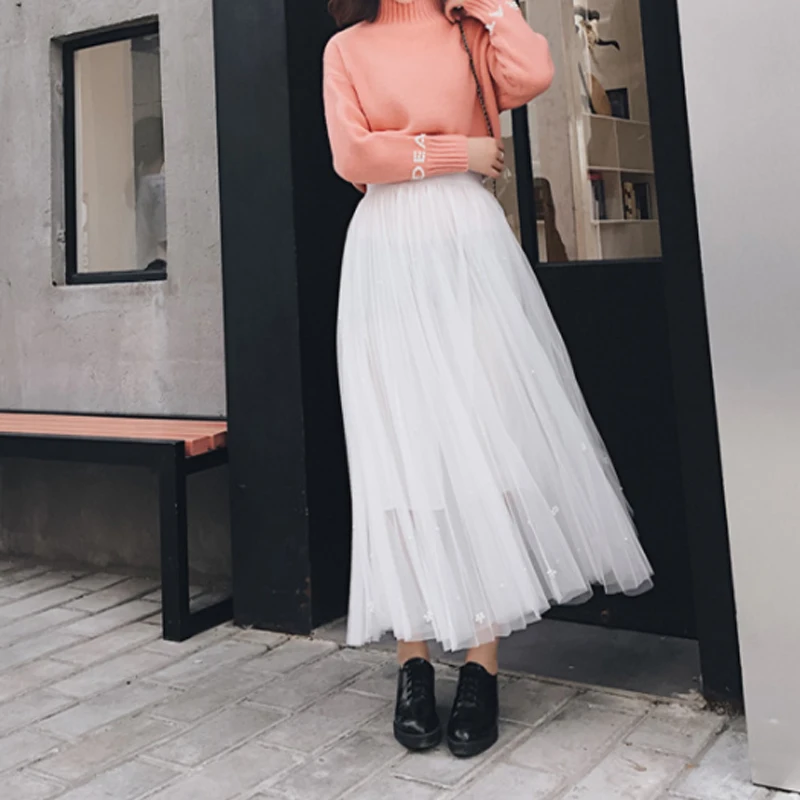 

Buenos Ninos Fashion Women Elegant Chiffon Long Skirts Solid Color High Waist Pleated Maxi Women Casual Skirts
