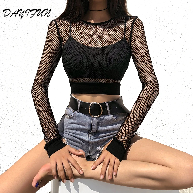 

DAYIFUN Sexy Mesh Top 2019 Summer Long Sleeve T Shirt Women Fishnet Top O-neck Hollow tshirt Short Bottom Tops T2864W07
