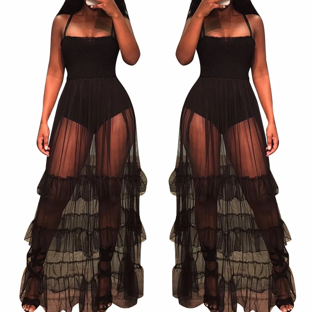 

Perspective Mesh Ruffles Strap 2018 Summer Style Dress women Lady Fashion sexy Casual Bandage Long Maxi Dresses A7577L